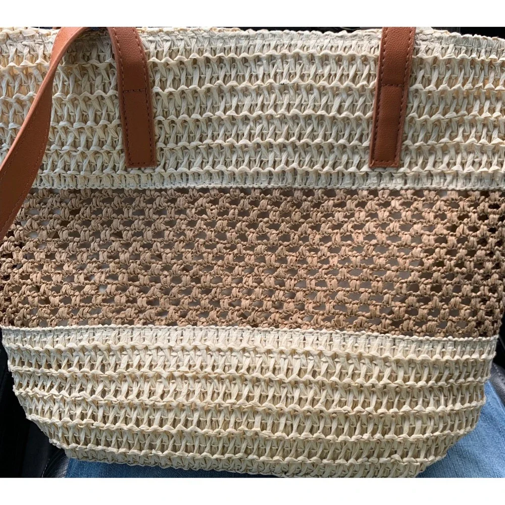 Woven Tote Bag Large Tan Cream Crochet Straw Tassel Coastal Resort Boho Beach